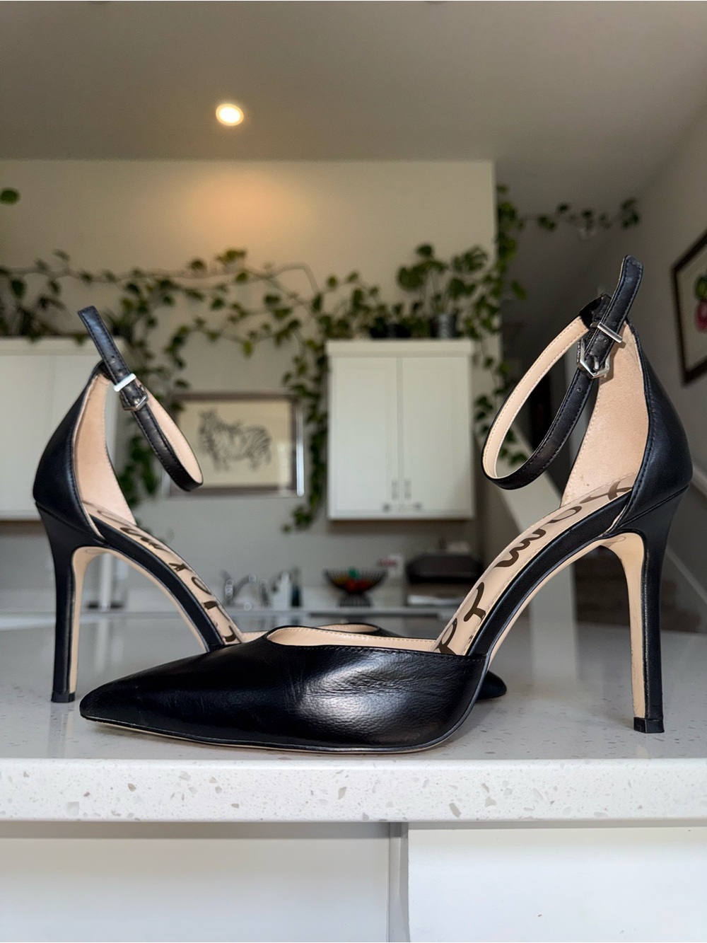 Sam Edelman Black Leather Pointed Ankle-Strap Stilettos